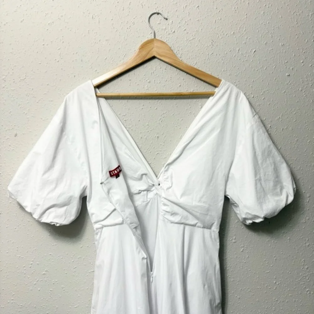 STAUD Finely Twisted Front Midi Dress Classic White V-Neck Puff Sleeve, Size 8 - Picture 10 of 14